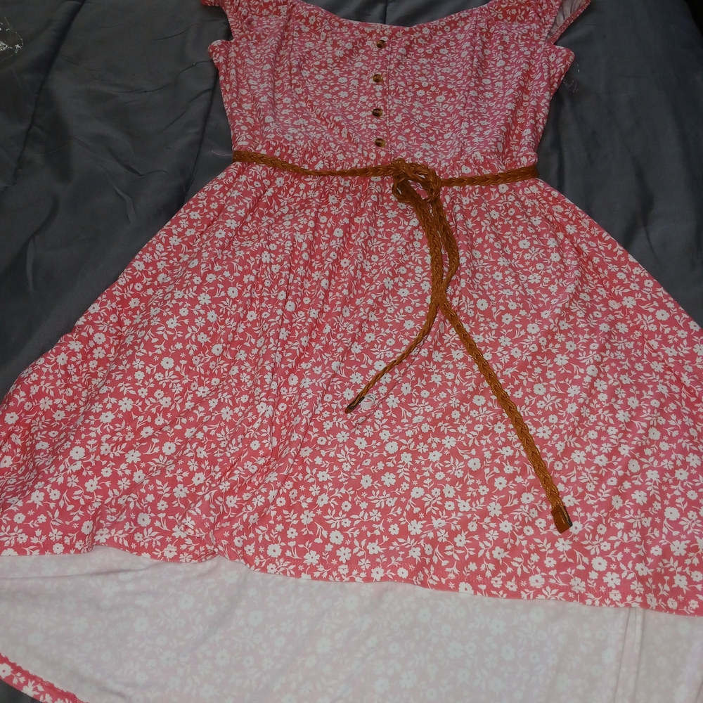 No Boundaries Floral Button Front Dress XL (15-17) Pink And White + Brown Belt